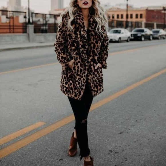 Leopard Print Pocket Coat Faux Fur Jacket - Picture 3 of 13